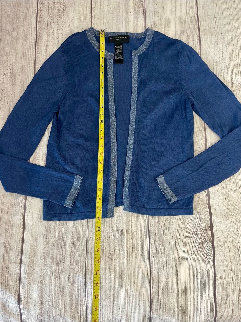 AUGUST SILK Women’s Vintage Open-Front Silk Cardigan Blue w/Trim Size Small - Picture 5 of 8